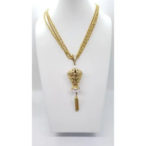 Vtg Pearl Pendant Necklace Tassel Triple Chain Gold Plated 70s Celebrity - Picture 1 of 10